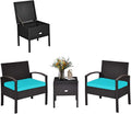 COSTWAY Rattan Patio Furniture Set 3 Pieces, Wicker Conversation Set with Tempered Glass Coffee Table, Seat Cushions, Outdoor Chair Wicker Sofa for Backyard Balcony Porch Poolside, Turquoise
