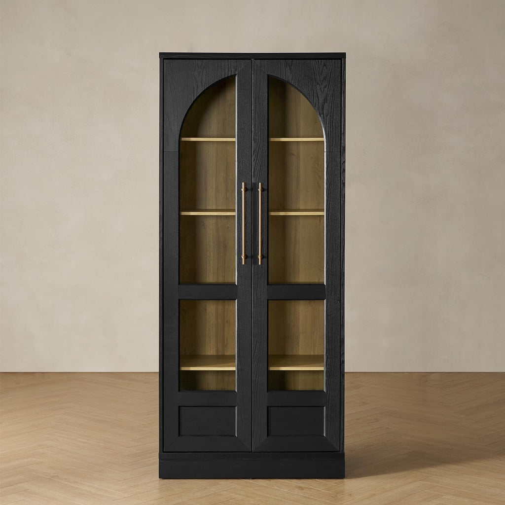 mopio Blake Tall Display Cabinet, Kitchen Buffet Pantry Cupboard, Trophy Display Case, Storage Cabinet Scratch Resistant Acrylic, Modern Farmhouse Curio Organizer (Black Oak Arched, Single)