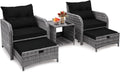 5 Pieces PE Wicker Outdoor Chairs with Ottoman, 5 PCS Rattan Patio Furniture Chairs with Pull Out Ottoman & Side Table for Porch Balcony Sunroom, Black