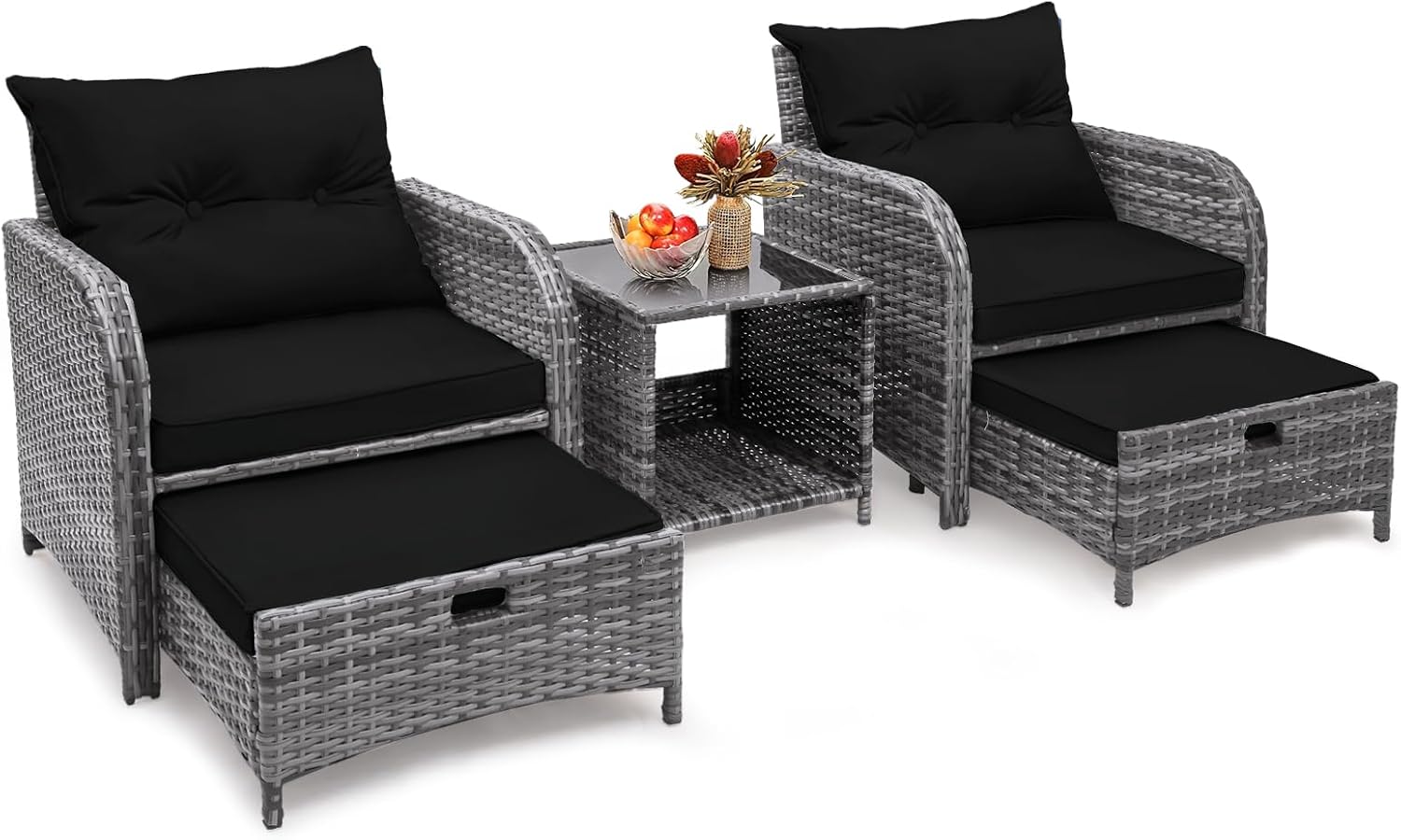 5 Pieces PE Wicker Outdoor Chairs with Ottoman, 5 PCS Rattan Patio Furniture Chairs with Pull Out Ottoman & Side Table for Porch Balcony Sunroom, Black