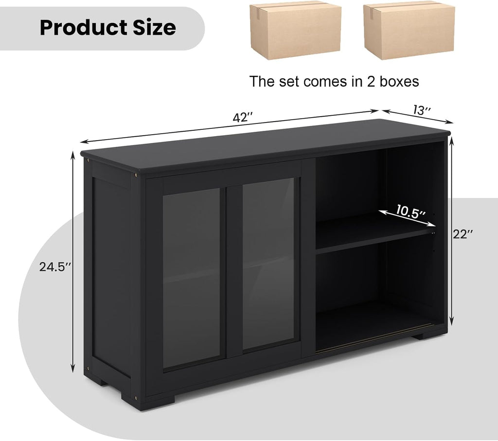 COSTWAY Buffet Sideboard with Storage, 2-Door Floor Cupboard with Sliding Tempered Glass Cabinet & Adjustable Shelf, Stackable Storage Cabinet for Kitchen, Entryway, Black (2)