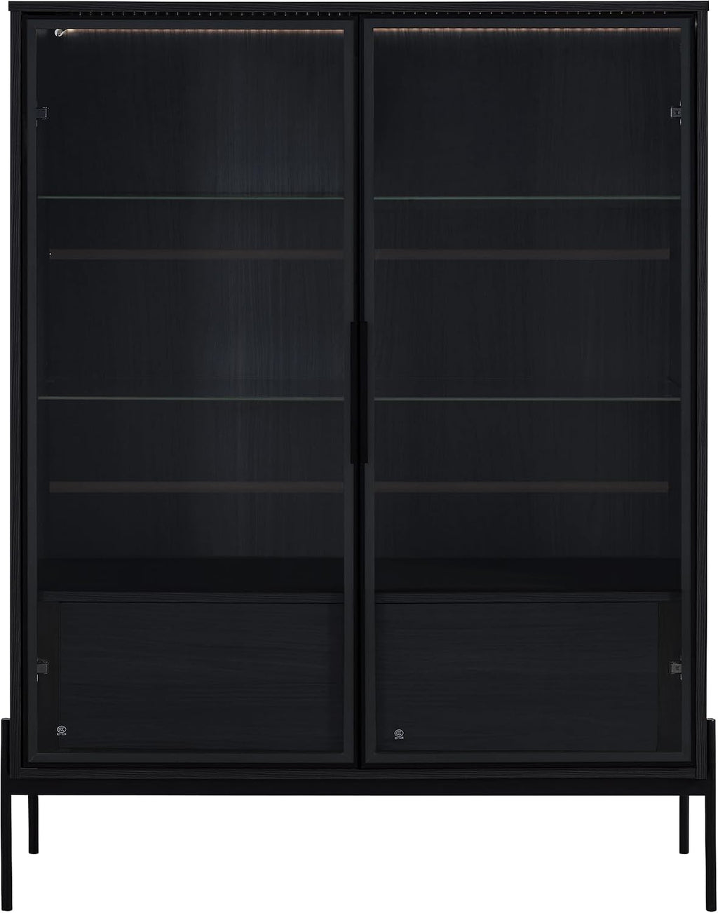 51' Minimalist Aluminum-Frame Showcase Cabinet, Lego Display Case with LED Lighting, Lego Display Shelves with Adjustable Glass Shelves & Drawers for Home Office Living Room, Black