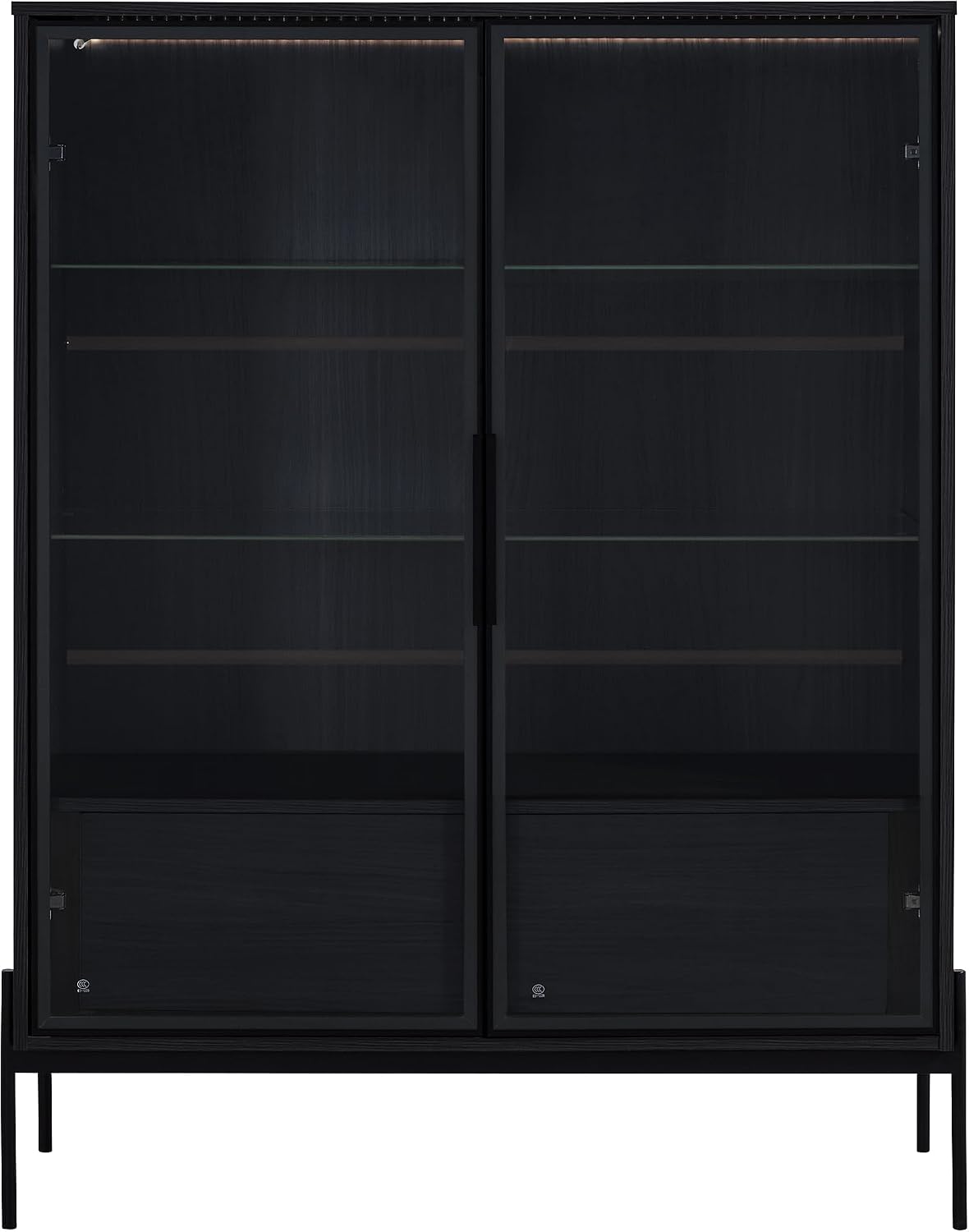 51' Minimalist Aluminum-Frame Showcase Cabinet, Lego Display Case with LED Lighting, Lego Display Shelves with Adjustable Glass Shelves & Drawers for Home Office Living Room, Black
