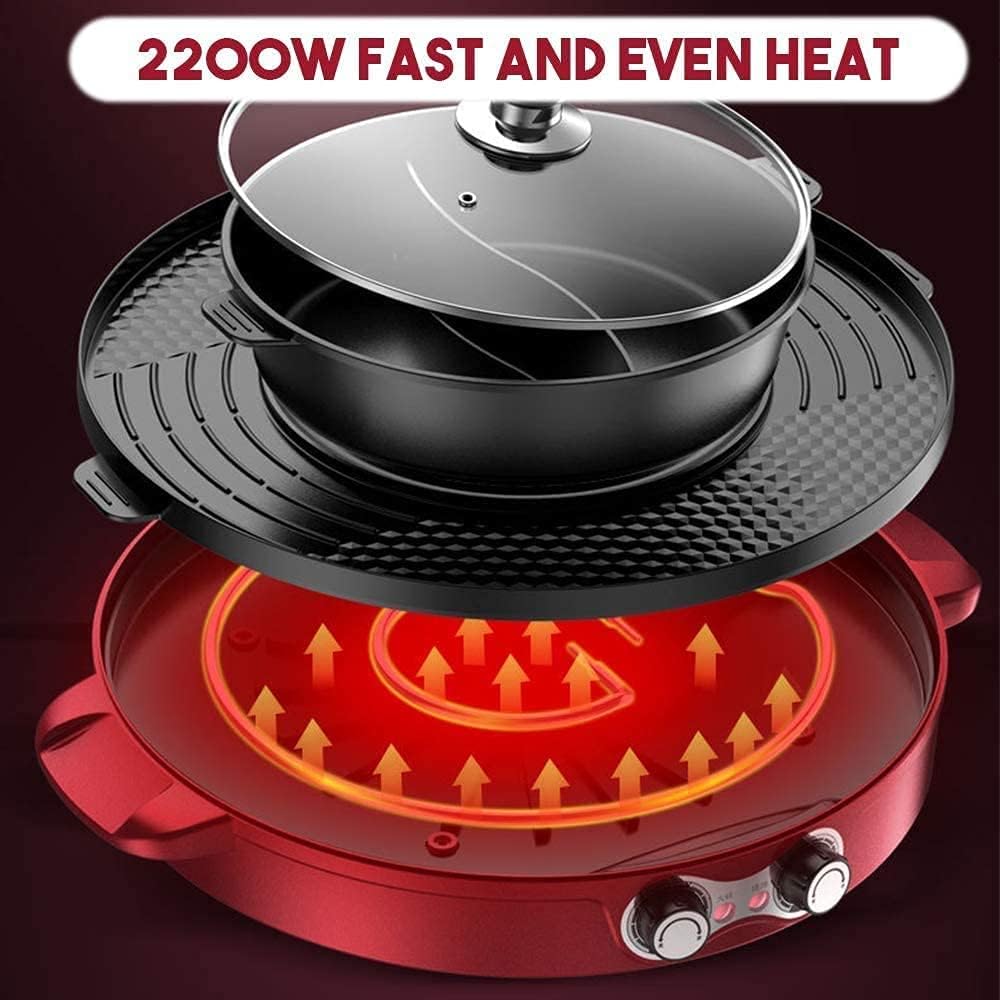 Electric Grill Indoor 2200W 2 in 1 Electric Smokeless Grill And Hot Pot, Easy To Clean BBQ & Shabu Shabu with Independent Temperature Control, 3.6L Large Capacity for Gatherings