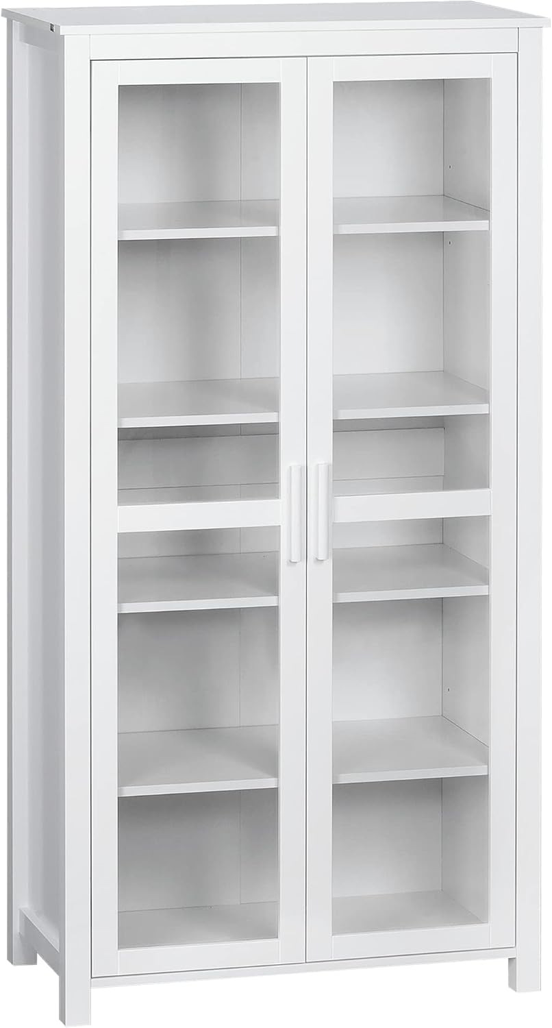 HOMCOM 63' Kitchen Pantry Cabinet, Freestanding Storage Cabinet, Display Cabinet with 2 Glass Door and 2 Adjustable Shelves for Dining Room, White