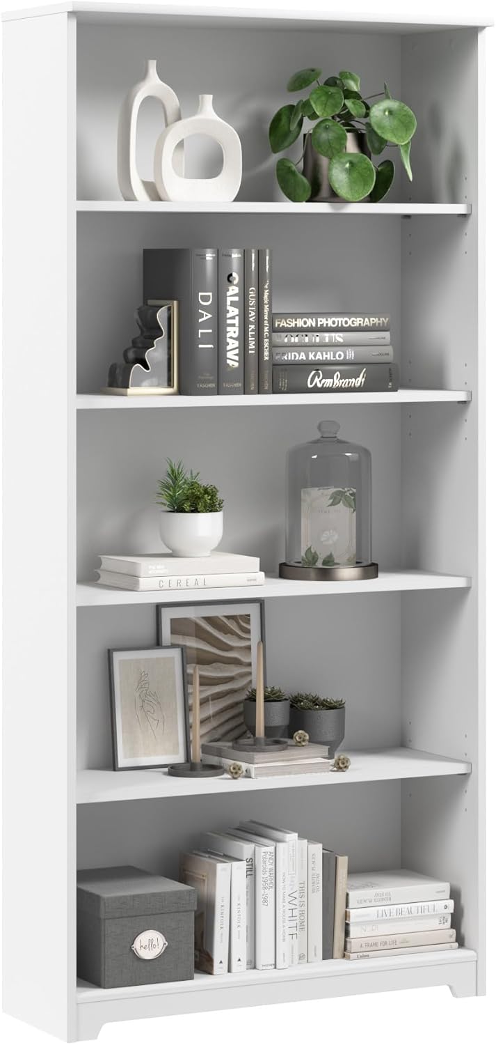 Bush Home Tall 5 Shelf Bookcase, Large Open Bookshelf, Sturdy Display Cabinet for Living Room or Home Office, Cabot Collection, White