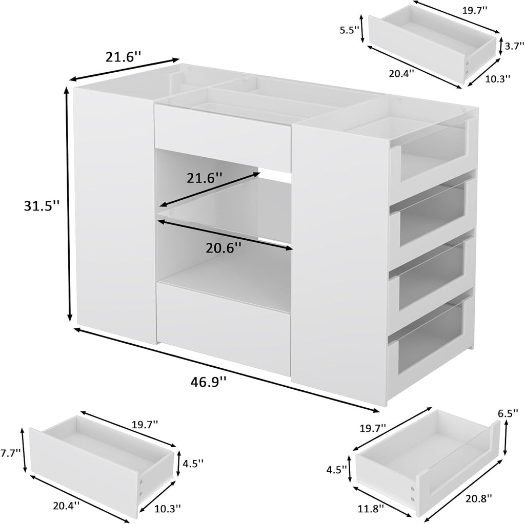 LIVAUVEAD Closet Island with Drawers, Wardrobe Armoire Bedroom Island, Glass Display Shelf & 12 Drawers, White Dresser with Glass Top, Walk-in Closet Island for Bedroom, Cloakroom