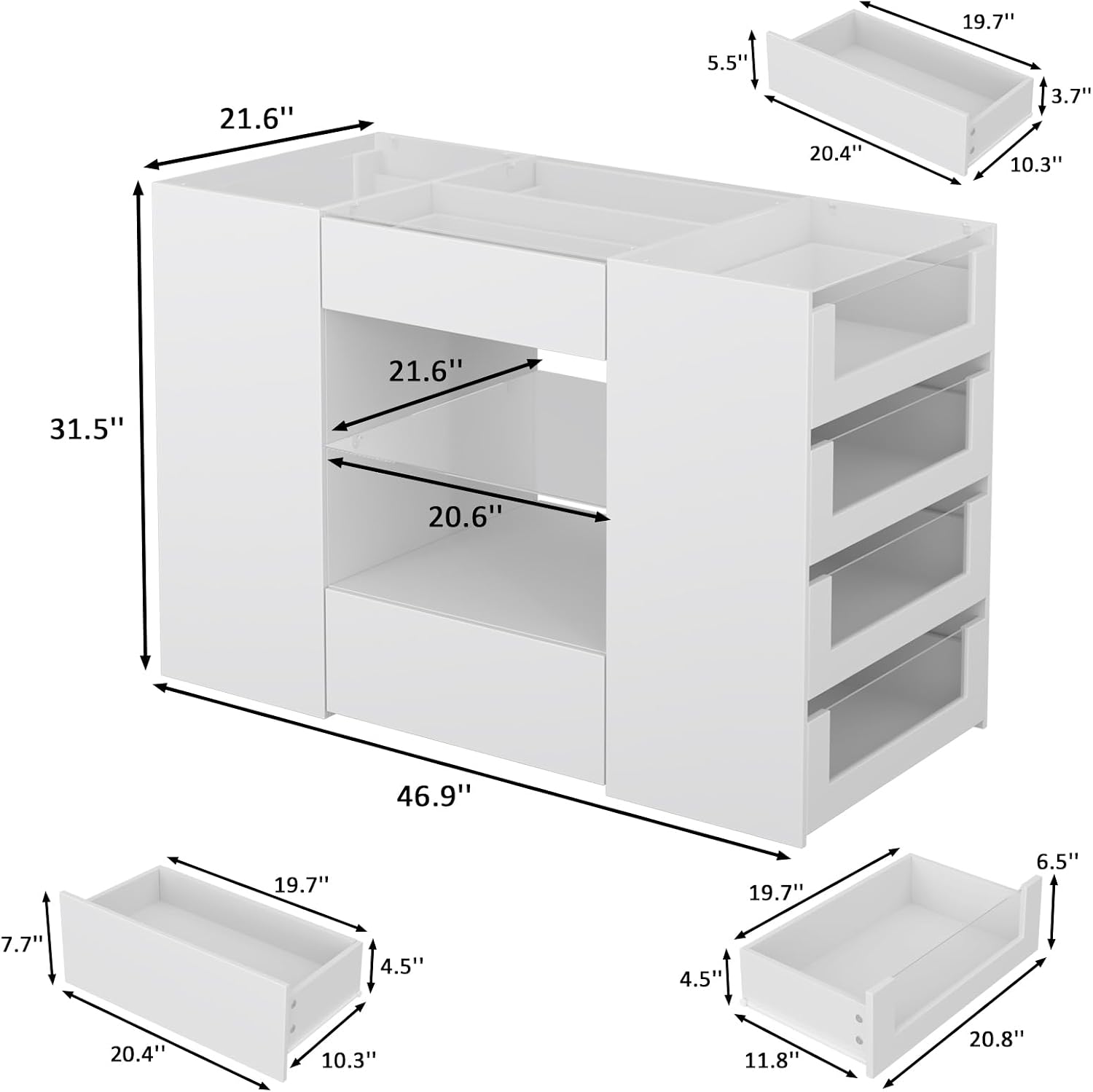 LIVAUVEAD Closet Island with Drawers, Wardrobe Armoire Bedroom Island, Glass Display Shelf & 12 Drawers, White Dresser with Glass Top, Walk-in Closet Island for Bedroom, Cloakroom