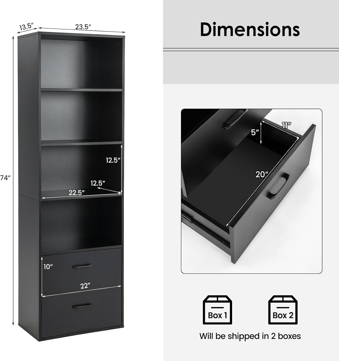 Tangkula 4 Shelf Bookcase with 2 Drawers, 74 Inch 4 Tiers Tall Open Bookshelf with 2 Slide-Out Drawers, Anti-toppling Device, Freestanding Wood Storage Shelf for Home Office (Black, 74' H)