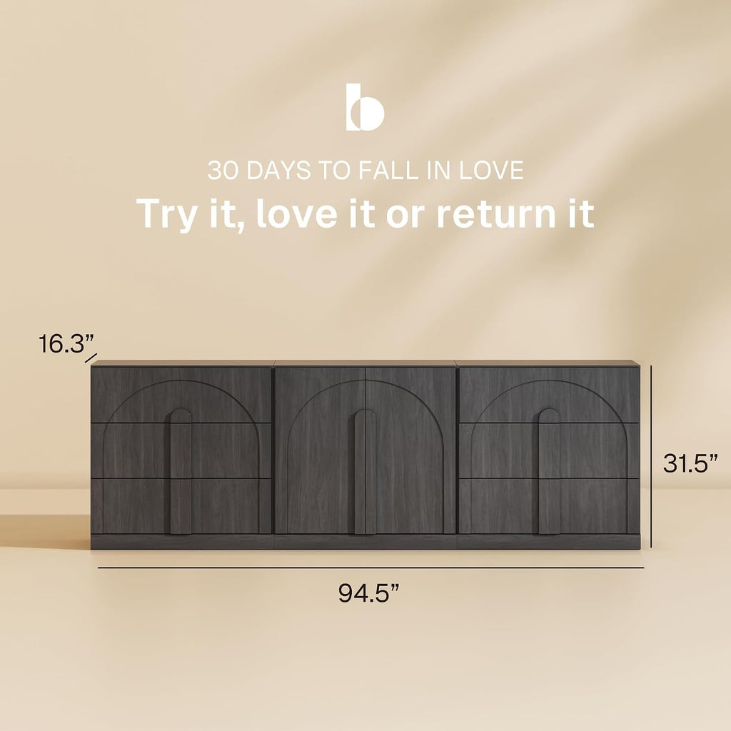 BELLEZE Modular Sideboard Cabinet Set, 3-Piece Modern Wood Buffet Cabinet Contain Arched Cabinet and 2 3-Drawer Storage, Freely Configurable Credenza for Living Room Kitchen, Ebony