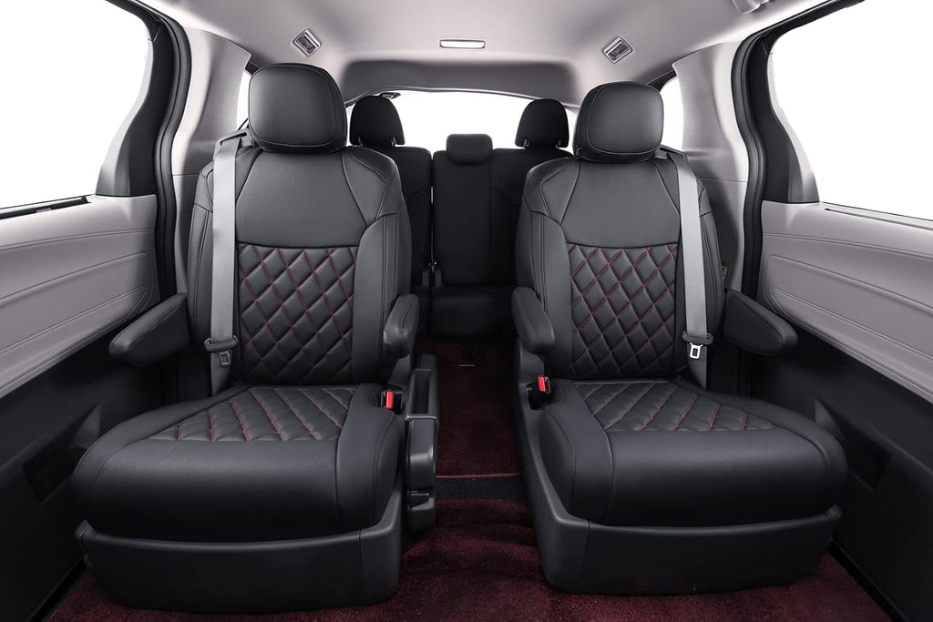 coverdream Sienna Seat Covers Custom Fit for 2021-2026 Toyota Sienna LE/XLE (8-Passenger),2nd Row Bench w/Removable Middle Seat,Waterproof Leather Car Seat Protector (Full Set,Black/Red)