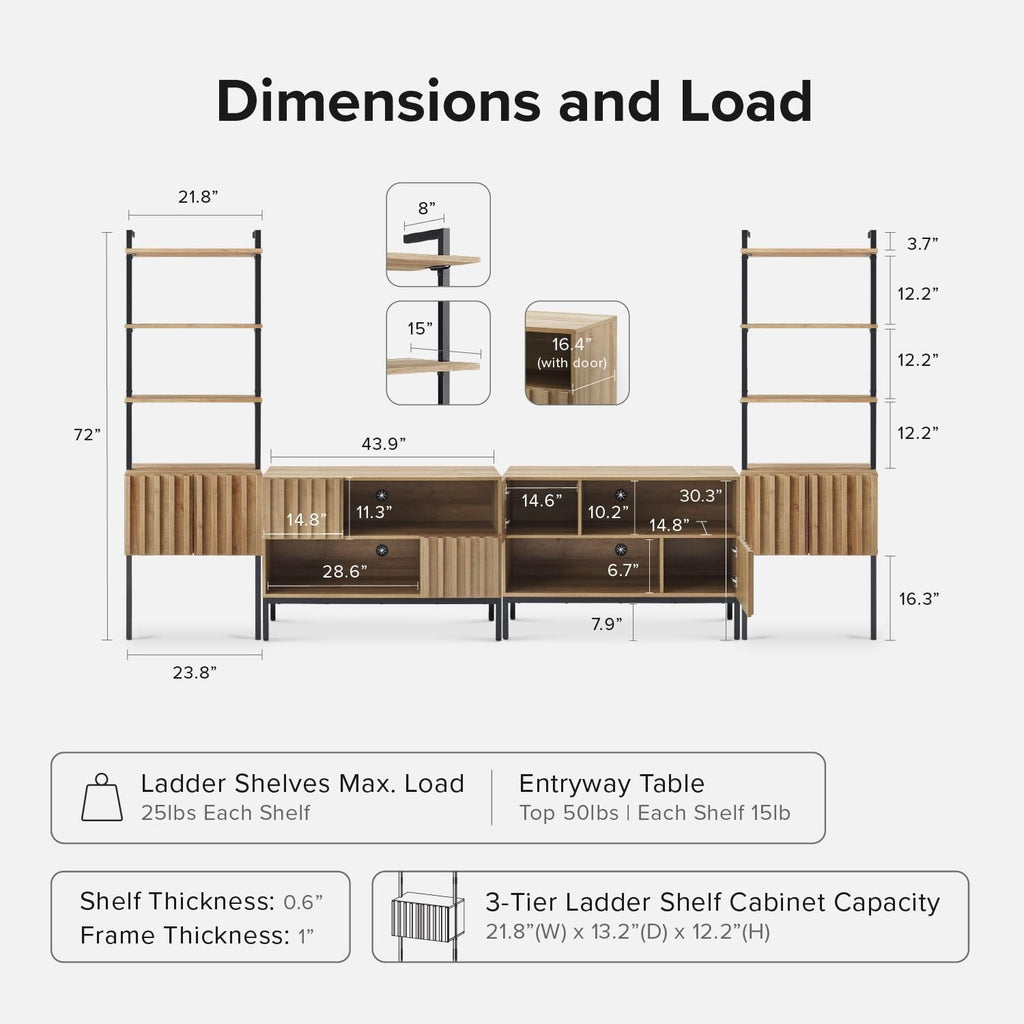 mopio Norwin 4 Piece Entertainment Center with Storage, 70' TV Stand, Industrial Modern Television Accent Cabinet, Oak Wood Media Console Table with 3-Tier Shelf Bookcase (3-Tier Display Set)