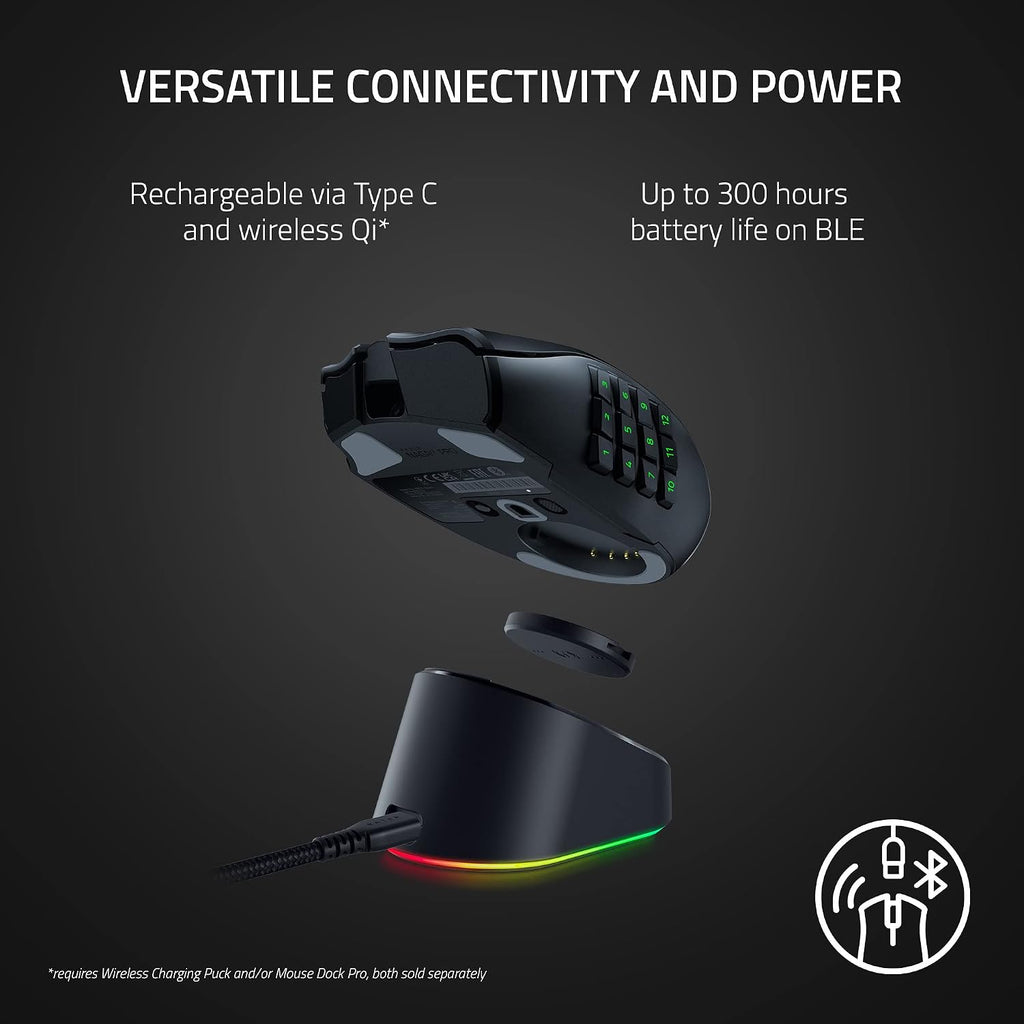 Razer Naga V2 Pro Wireless MMO Gaming Mouse: 19+1 Programmable Buttons w/Swappable Side Plates - HyperScroll Pro Wheel - Focus 30K Optical Sensor - Mouse Switches Gen-3-300 Hr Battery