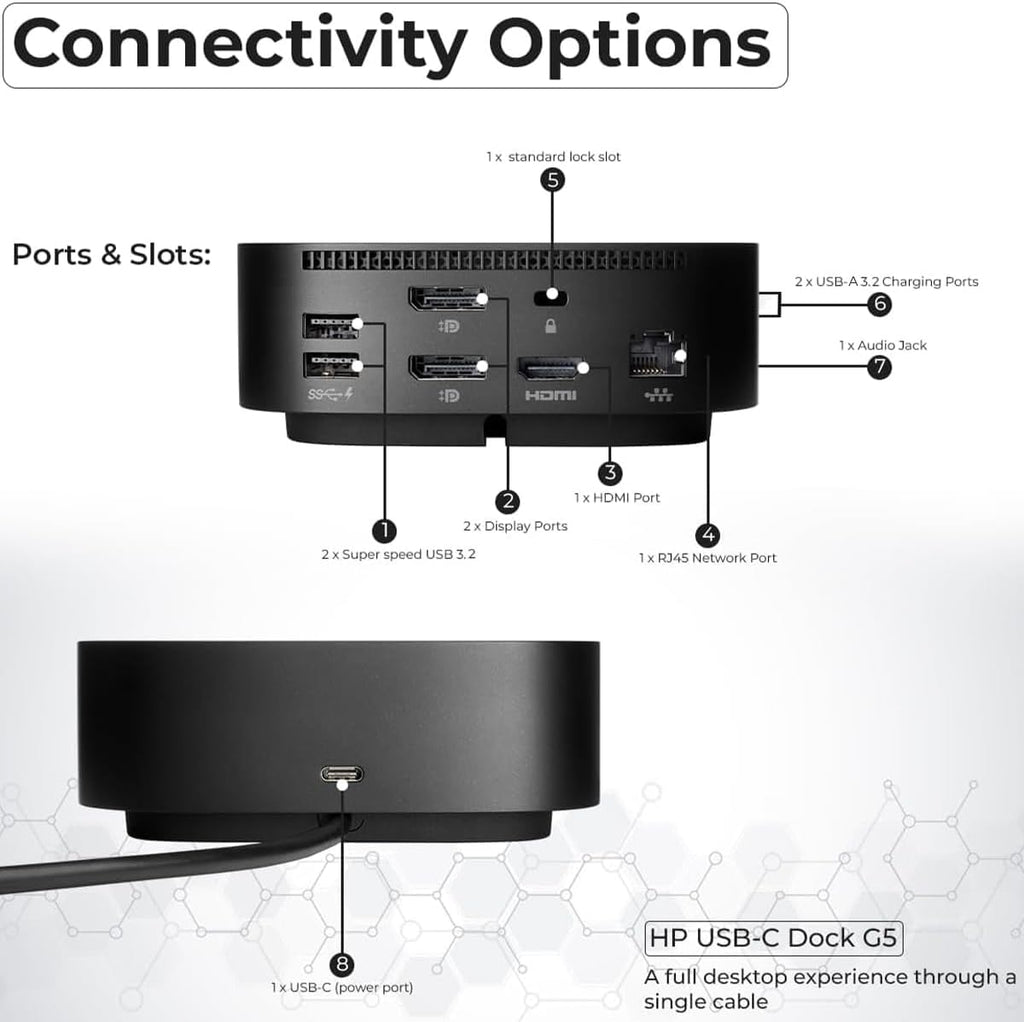 HP Docking Station for Laptop Dual Monitor and Charging Bundle - HP USB-C G5 Dock 5TW10AA / 5TW10UT / 5TW10AA#ABB with 120W Adapter, HDMI, DisplayPort, USB-C Cables & Microfiber Cleaning Cloth
