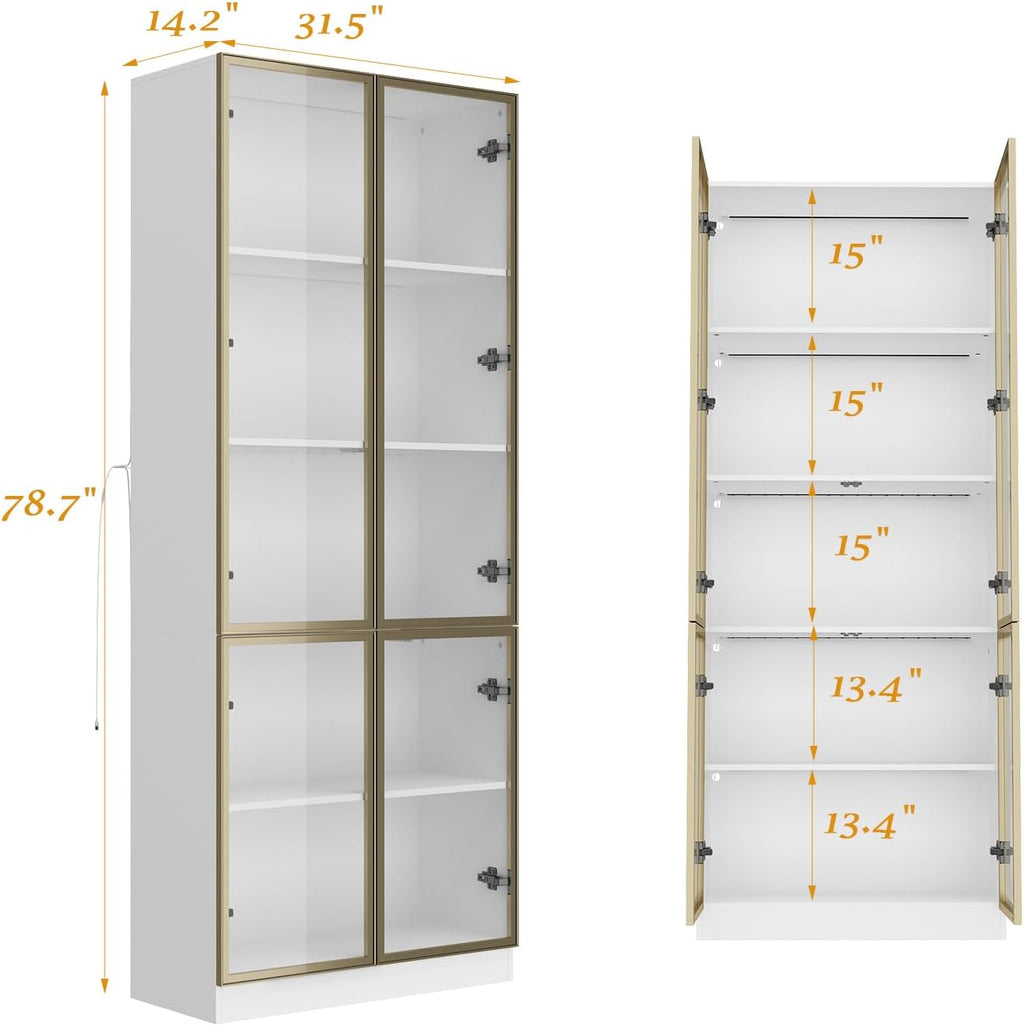 Curio Display Cabinet with Light, 5-Tier Storage Shelves with Pop-up Glass Doors & 3 Color LED Light, Collectibles Cabinet Display Shelf, Bookshelf Showcase for Living Room, White Glass Door