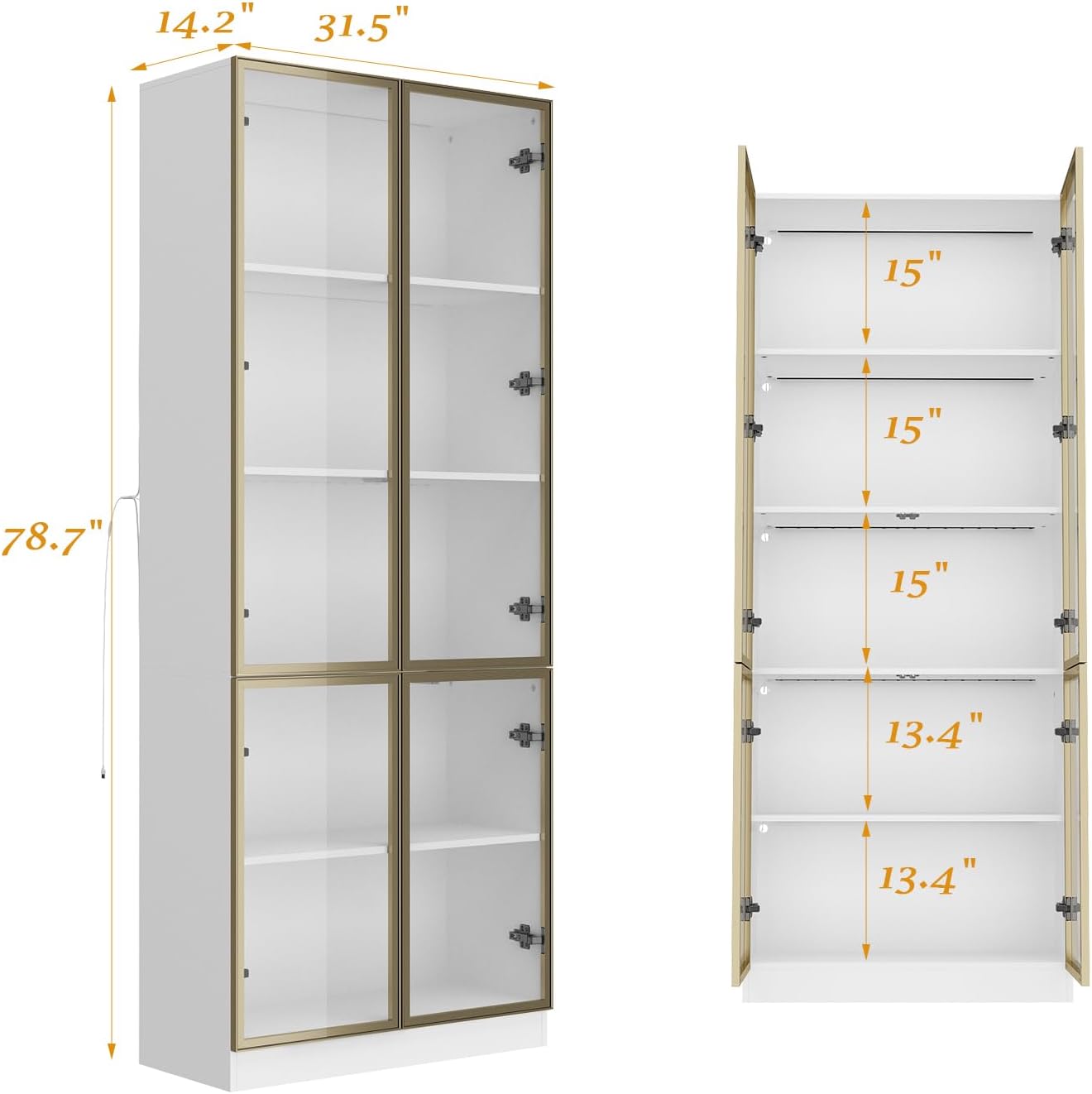 Curio Display Cabinet with Light, 5-Tier Storage Shelves with Pop-up Glass Doors & 3 Color LED Light, Collectibles Cabinet Display Shelf, Bookshelf Showcase for Living Room, White Glass Door