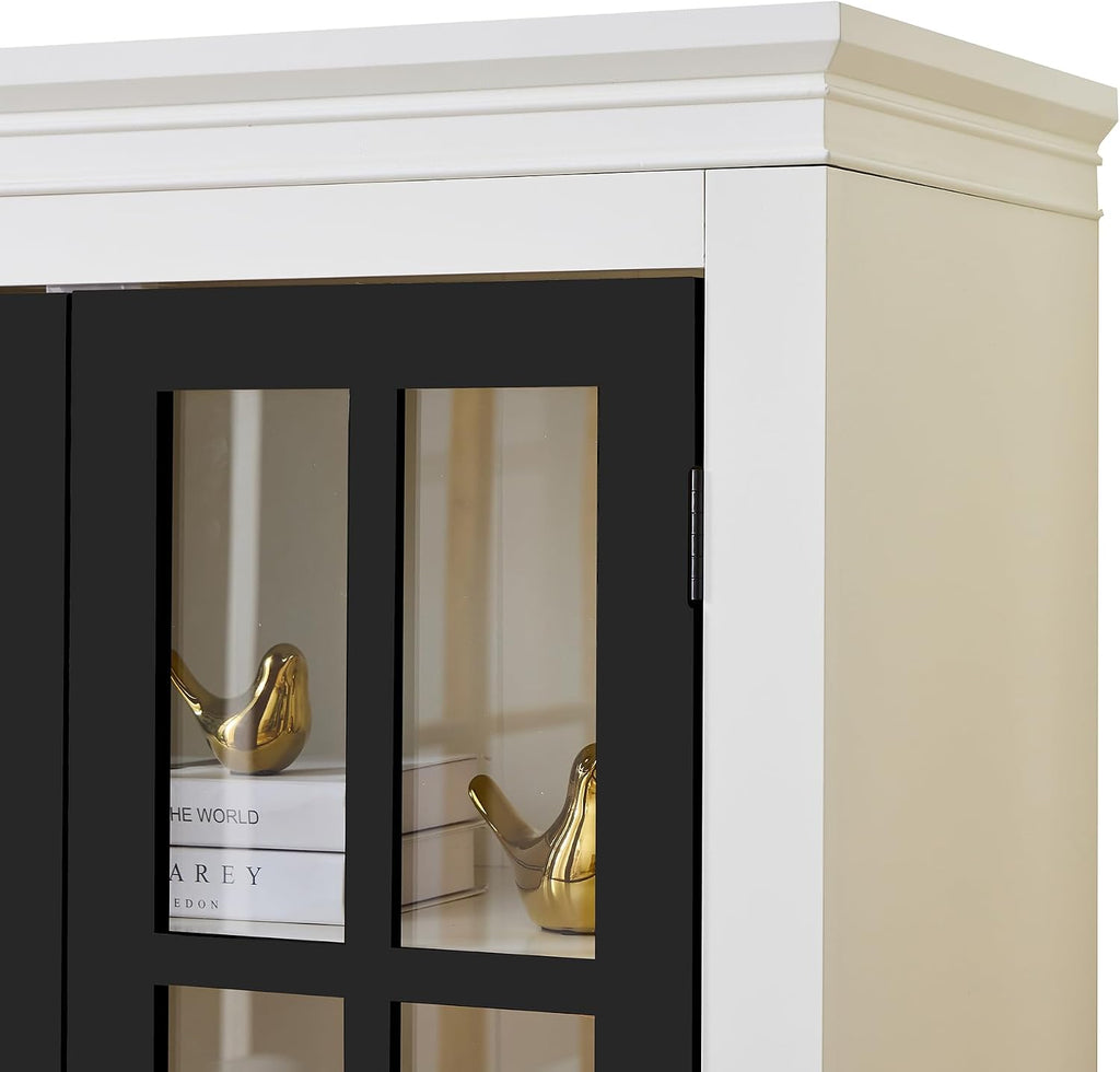 Merax 71.2' Tall Display Cabinet with Glass Doors,Rustic Style China Cabinet,Curio Cabinet for Collectibles Figures Trophies for Hallways Living Room, Kitchen, Home, Studio or Workspace,White & Black