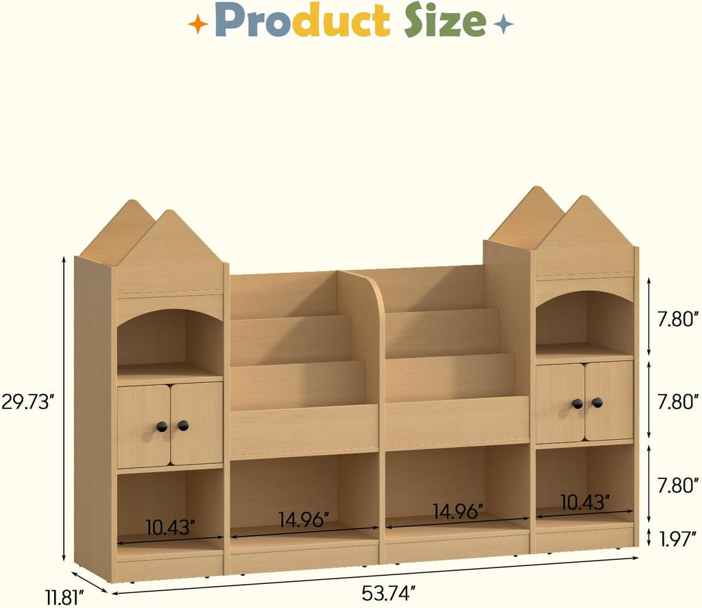 Vabches Castle Shape Children's Bookshelf, Kids Bookcase Display Case Kids Toy Storage Organizer Multifunctional Storage Cabinet Bookshelf Suitable for Playroom, Children's Room, Living Room, Oak