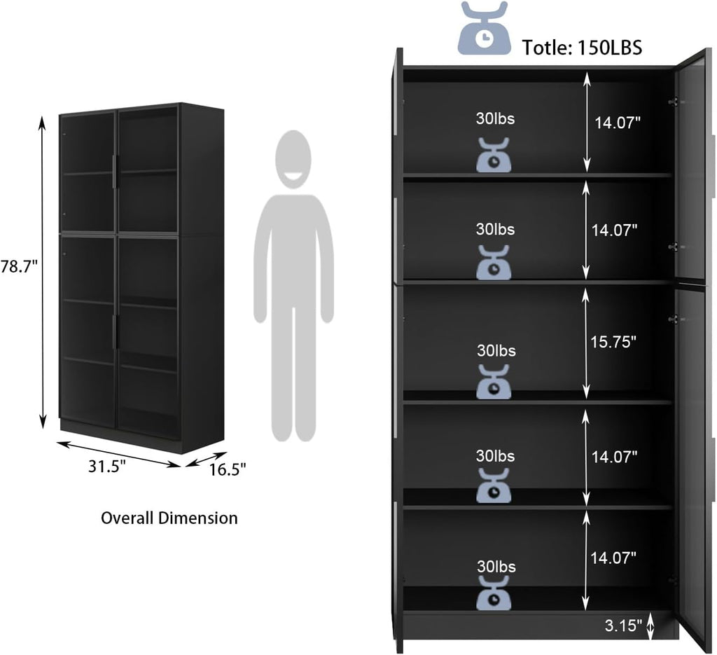 Bobve 78.7' Display Cabinet with 4 Glass Doors, 5 -Tier Storage Cabinet with APP Control LED Lights, Tall Black Bookcase with Storage, Wooden Display Case for Collectible, Living Room, Office(Black)