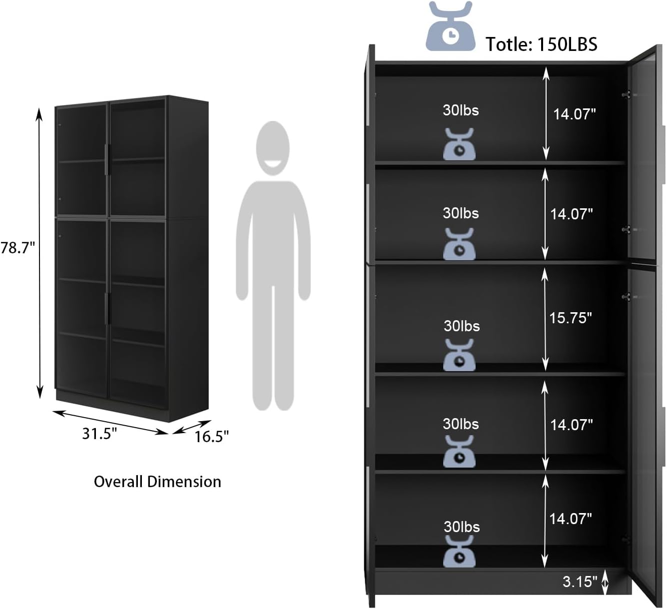 Bobve 78.7' Display Cabinet with 4 Glass Doors, 5 -Tier Storage Cabinet with APP Control LED Lights, Tall Black Bookcase with Storage, Wooden Display Case for Collectible, Living Room, Office(Black)