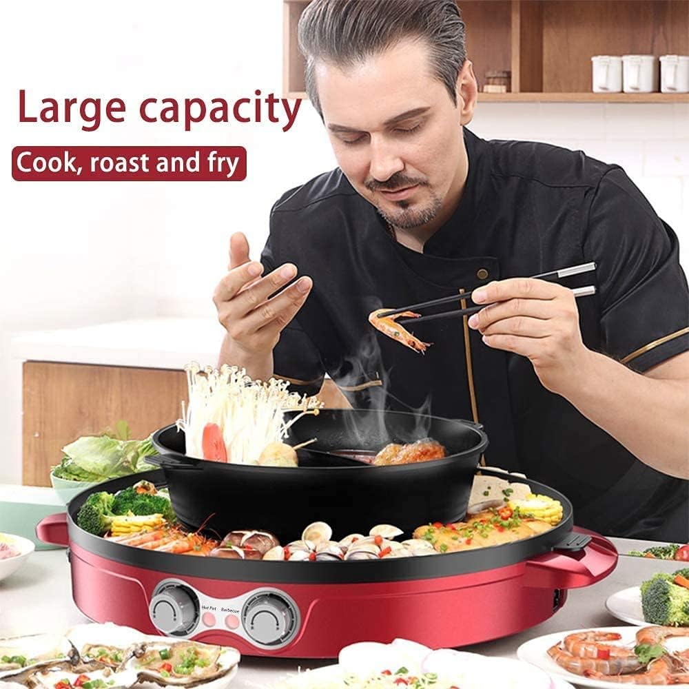 Electric Grill Indoor 2200W 2 in 1 Electric Smokeless Grill And Hot Pot, Easy To Clean BBQ & Shabu Shabu with Independent Temperature Control, 3.6L Large Capacity for Gatherings