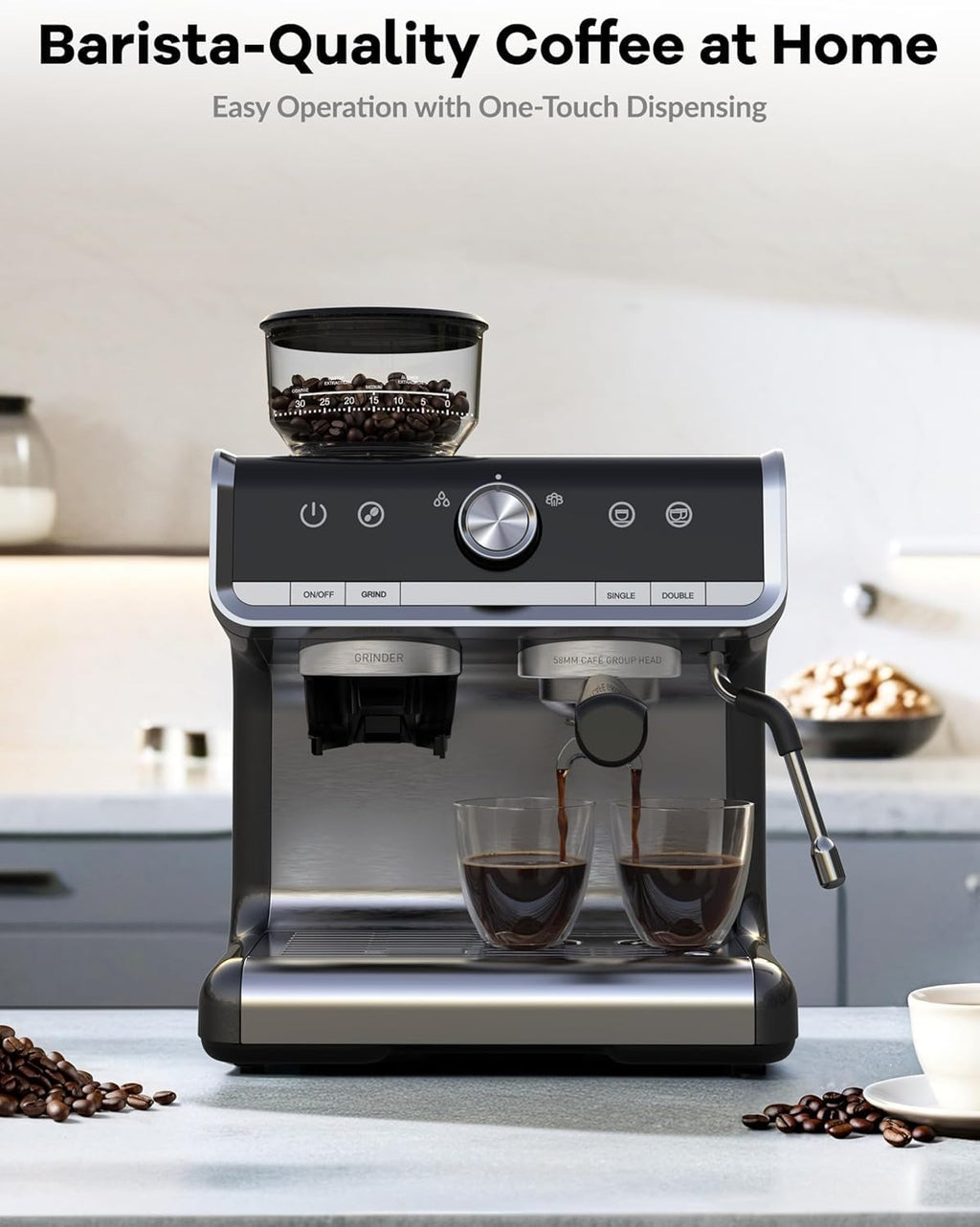GarveeHome Espresso Machine With Grinder, 20 Bar Semi-Automatic Espresso Coffee Maker With Milk Frother Steamer Wand Cappuccino Latte Macchiato, 95 oz Water Tank, Pid Temperature Control-Dark Gray