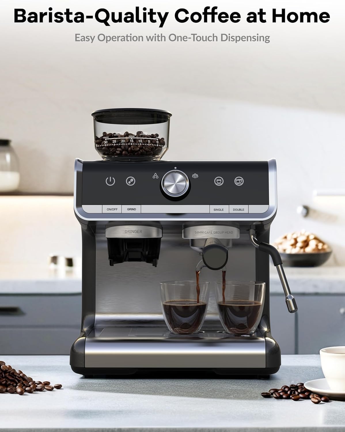 GarveeHome Espresso Machine With Grinder, 20 Bar Semi-Automatic Espresso Coffee Maker With Milk Frother Steamer Wand Cappuccino Latte Macchiato, 95 oz Water Tank, Pid Temperature Control-Dark Gray
