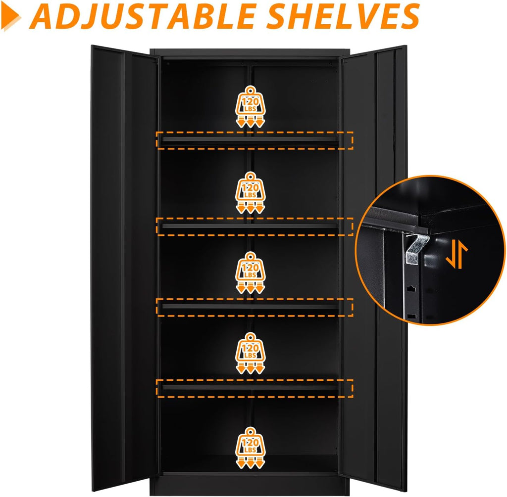 72' Tall Metal Storage Locking Cabinet With 2 Doors and 4 Adjustable Shelves for Home, School, Gym, Garage Storage