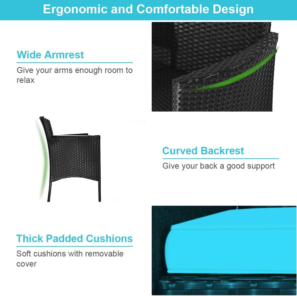 Tangkula Wicker Patio Conversation Furniture Set, Outdoor Furniture Set with Removable Cushions & Table, Tempered Glass Top, Modern Rattan Bench for Garden Lawn Backyard