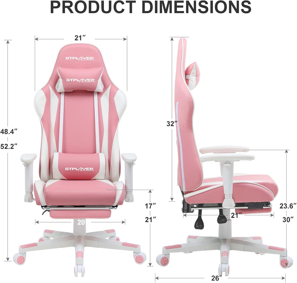 GTPLAYER Gaming Chair with Footrest, Ergonomic Computer Game Desk Chair, Reclining Gamer Chair Seat Height Adjustment, Swivel Rocker with Headrest and Lumbar (Pink)