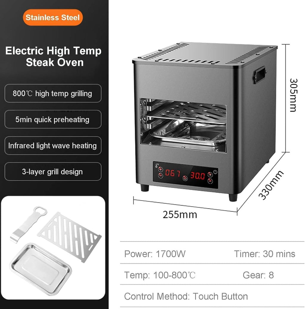 1700W Smokeless Electric Steak Broiler, Portable Indoor BBQ Grill with Timer & Temp Controller, Stainless Steel Steak Cooking Machine for Meat Burger Pizza (1 Grill+1 Tray+1 Clip),A