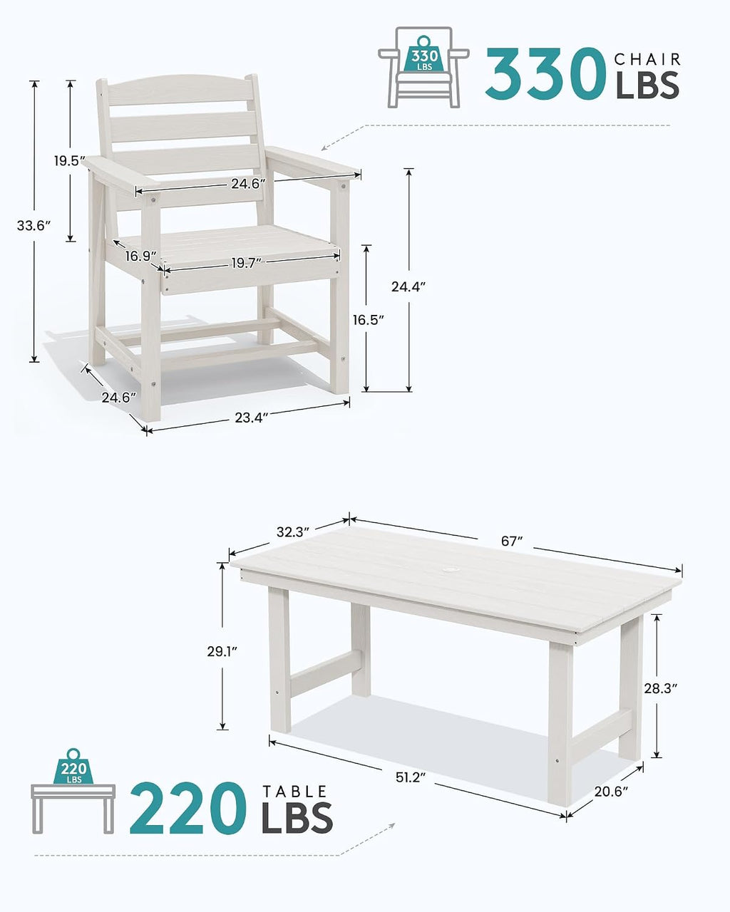 SERWALL HDPE Outdoor Dining Table for 6, 67' Rectangle Patio Dining Table with Umbrella Hole, White
