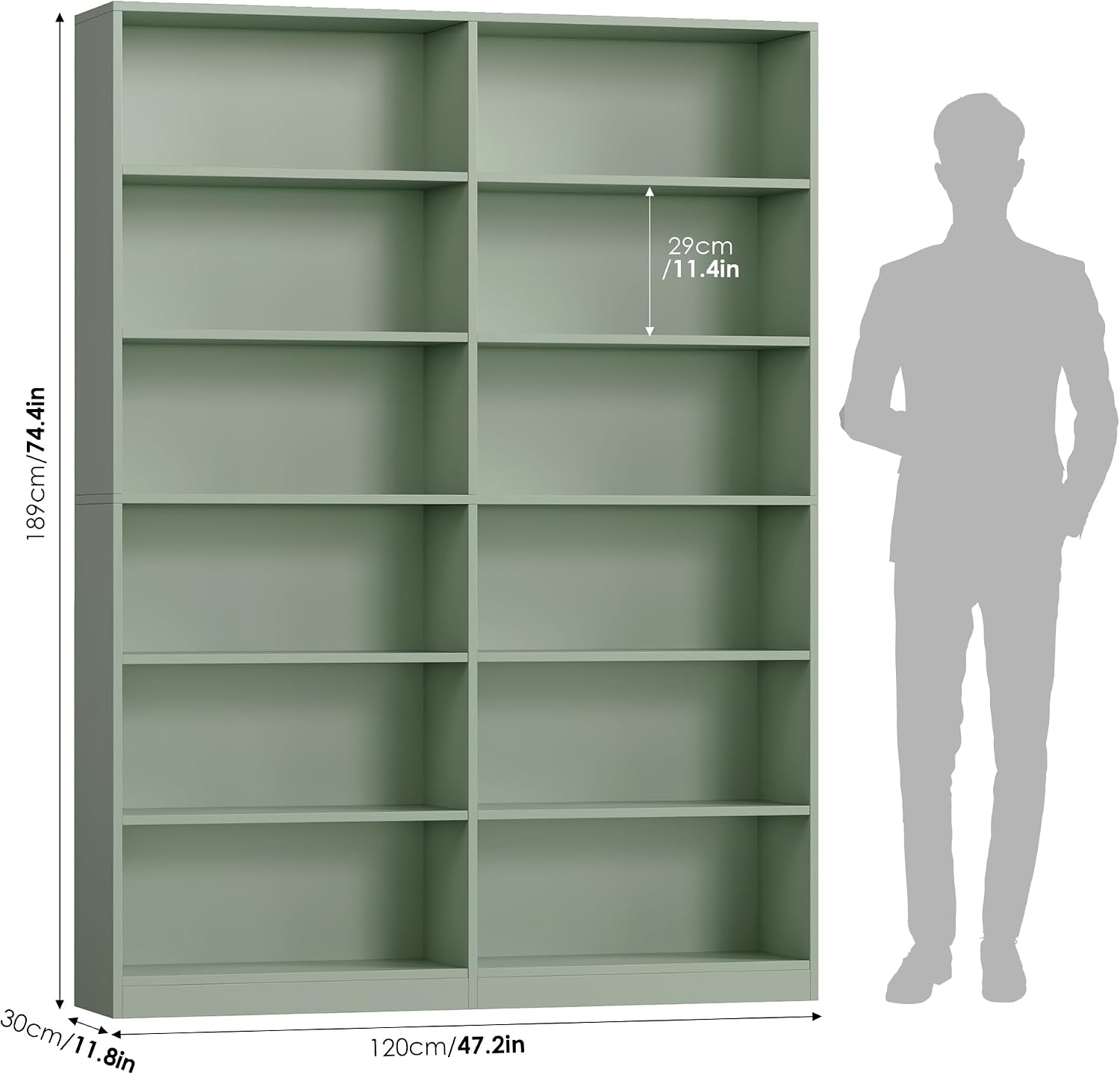 FACBOTALL Bookshelf and Bookcase, 6-Tier Double Wide Bookshelves, Freestanding Display Storage Shelves, Tall Bookcases for Home Decor Bedroom, Living Room, Home Office, Green