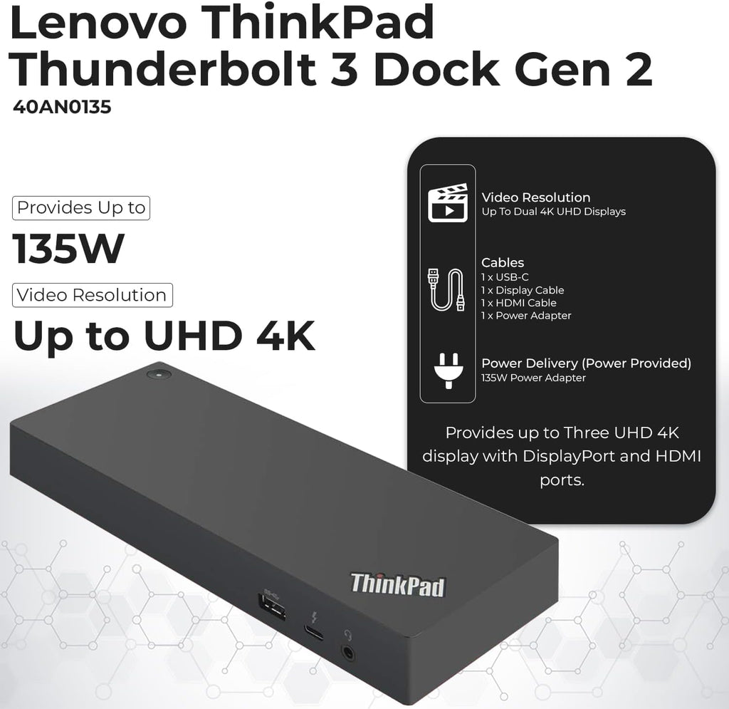 Lenovo 40AN0135US Thunderbolt 3 Dock - Gen 2 Dual UHD 4K Display with 135W Power Adapter, Thinkpad Lenovo Docking Station Dual Monitor with HDMI, DisplayPort, Thunderbolt Cable, Cloth