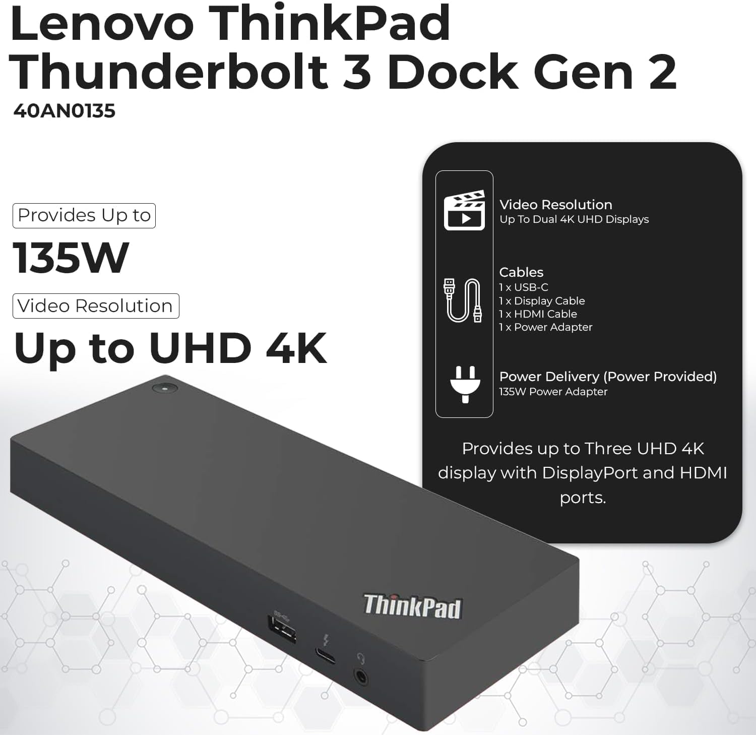 Lenovo 40AN0135US Thunderbolt 3 Dock - Gen 2 Dual UHD 4K Display with 135W Power Adapter, Thinkpad Lenovo Docking Station Dual Monitor with HDMI, DisplayPort, Thunderbolt Cable, Cloth