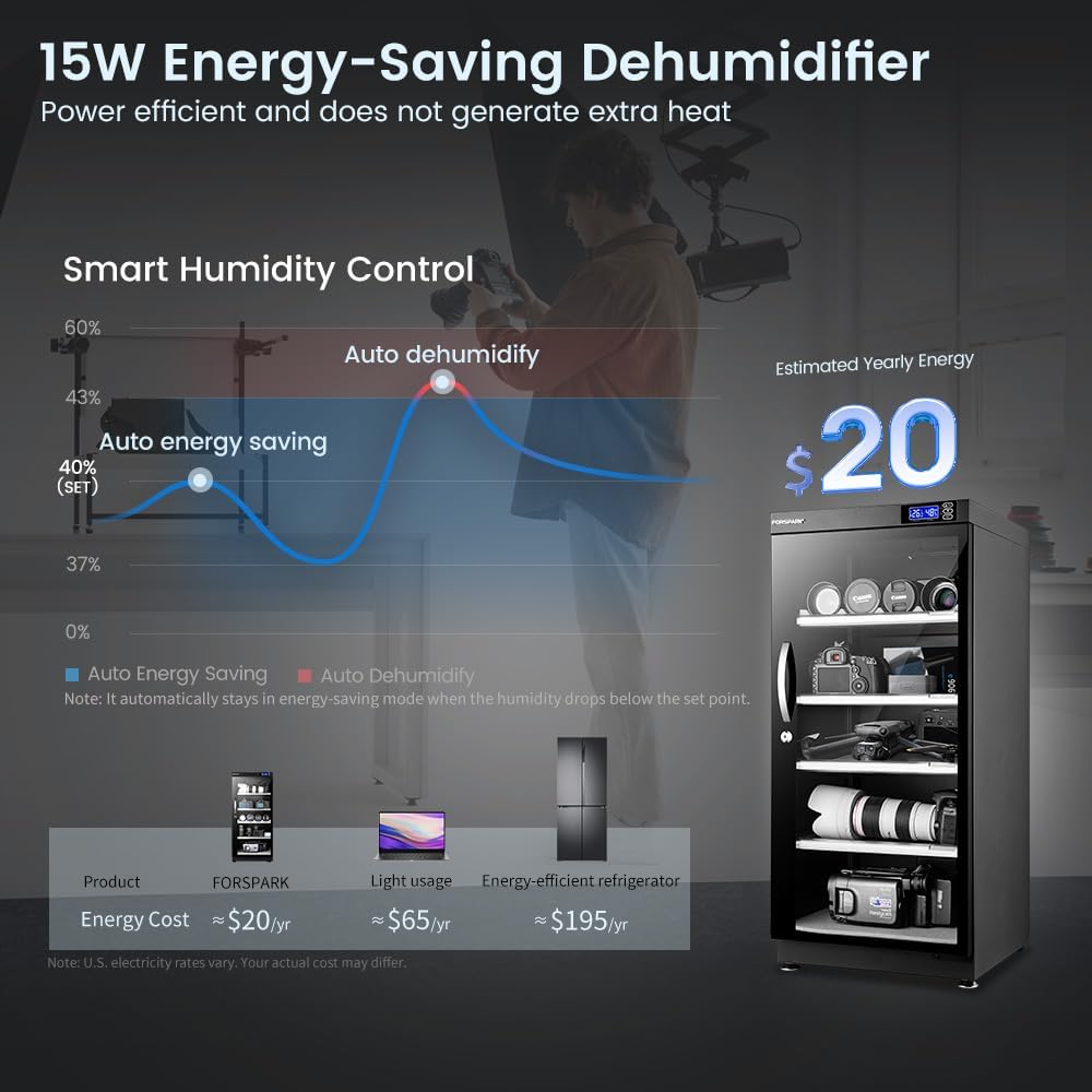 FORSPARK 125L Dual-Core Camera Dehumidifier Dry Cabinet, Quiet Humidity Control Storage with Lock & 4 Adjustable Shelves for DSLR, Lenses, Drones, Studios, Collectibles - 15W Energy Efficient, Black