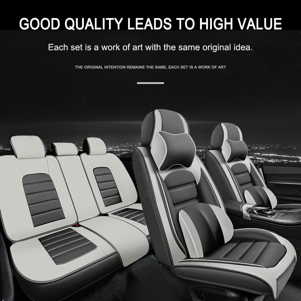 5 Seat Covers for Volvo XC90 2006-2024 Leather Car Seat Covers Waterproof Soft Car Seat Protectors Comfort Premium Automotive Seat Covers with Airbag（Luxury,White+Gray）