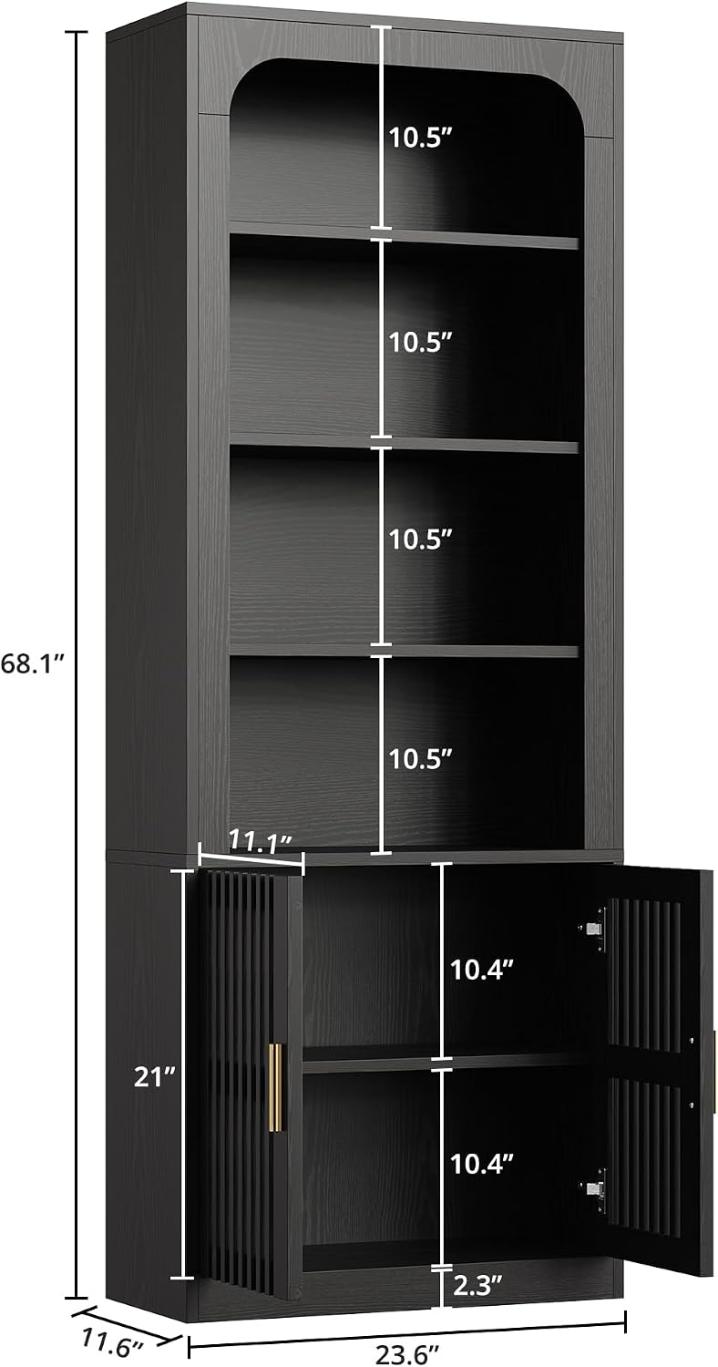 IRONCK Mid-Century Book Shelf, 6-Tier Floor Standing Bookcase with Grille Doors, Tall Storage Shelves for Display & Organizing, Suitable for Home Office, Living Room(Black)