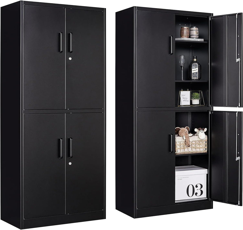 Metal Storage Cabinet with 3 Adjustable Shelves and 4 Doors,71' Garage Storage Cabinet with Lock,Black Metal Cabinets with Locking Doors,Steel Tool Cabinets,Lockable Cupboard for Home,Office,Garage