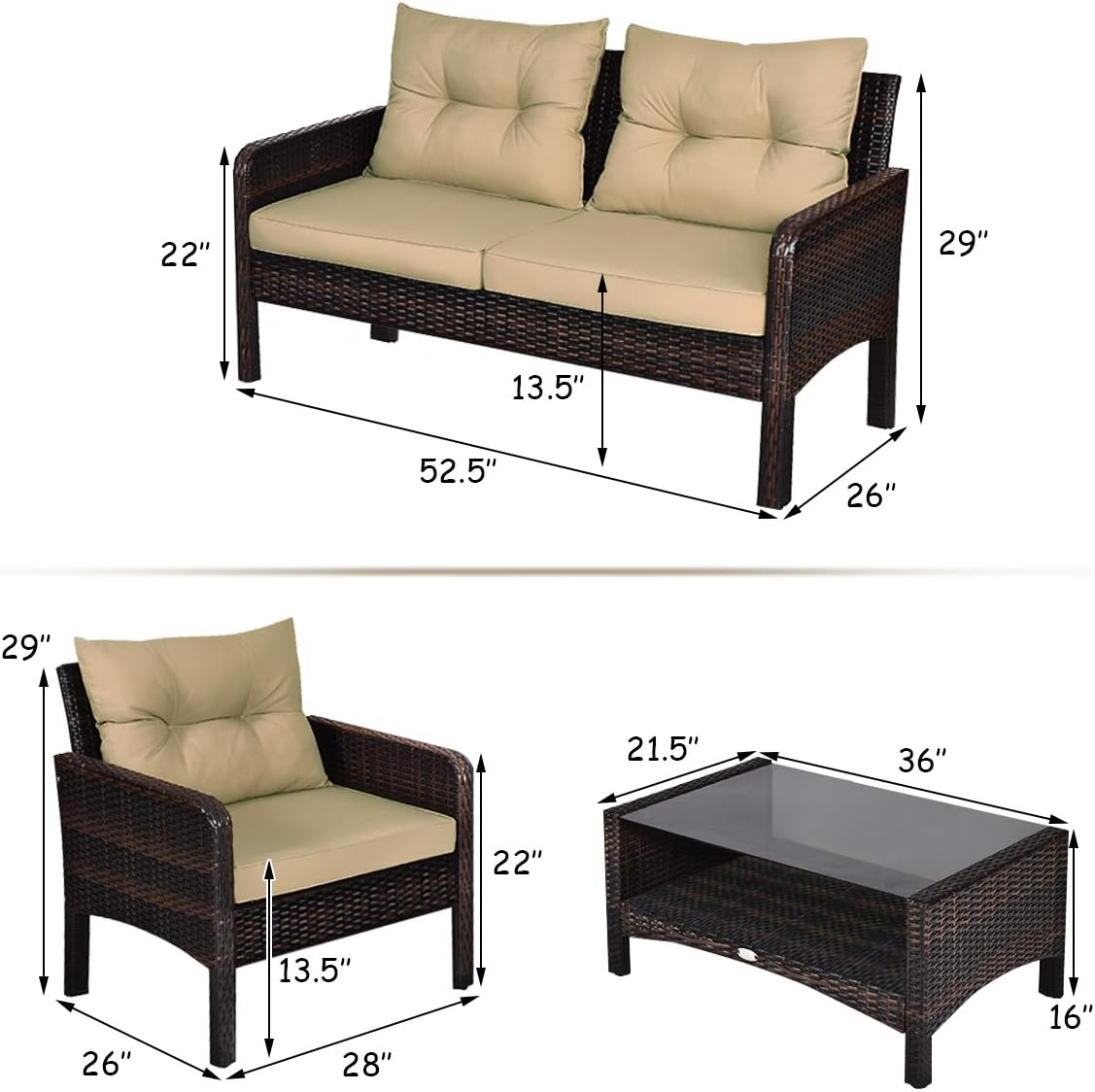 Tangkula 4 Piece Patio Furniture Set, Outdoor Wicker Conversation Set with Glass Top Coffee Table, All Weather Proof and Thick Cushions, Suitable for Porch, Garden, Poolside and Lawn (Brown)