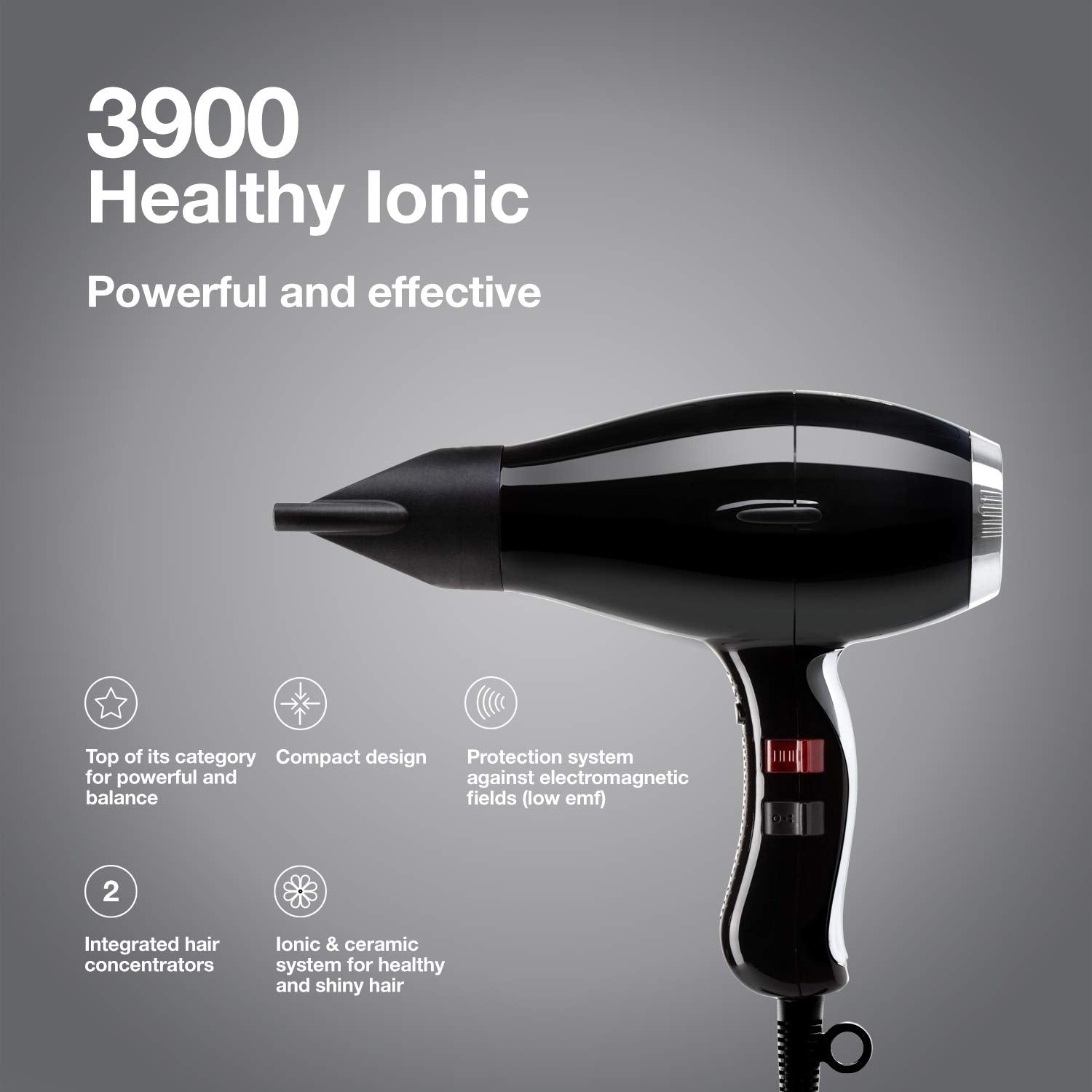 Elchim 3900 Healthy Ionic Ceramic Hair Dryer, Black/Silver, 1 Count (Pack of 1)