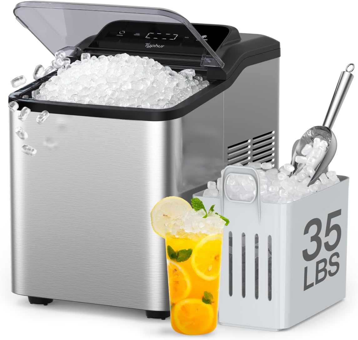 Typhur Fast Nugget Ice Maker Countertop with Self-Cleaning Pump, 35lbs/24H Crushed Pebble Ice Machine with Pellet Ice, 8 Packs Cleaner, Dual Ice Scoops for Home, Kitchen, Party, RV, Stainless Steel