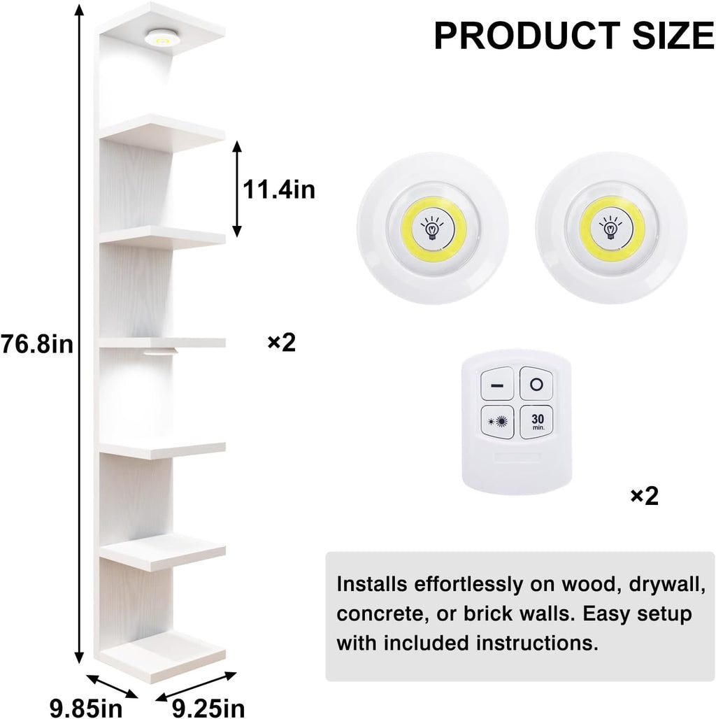 Fixwal 7 Tier Wall Mounted Shelf Set of 2 White Lack Wall Shelf with LED Lights Floating Shelves for Home Decor Organizer Display