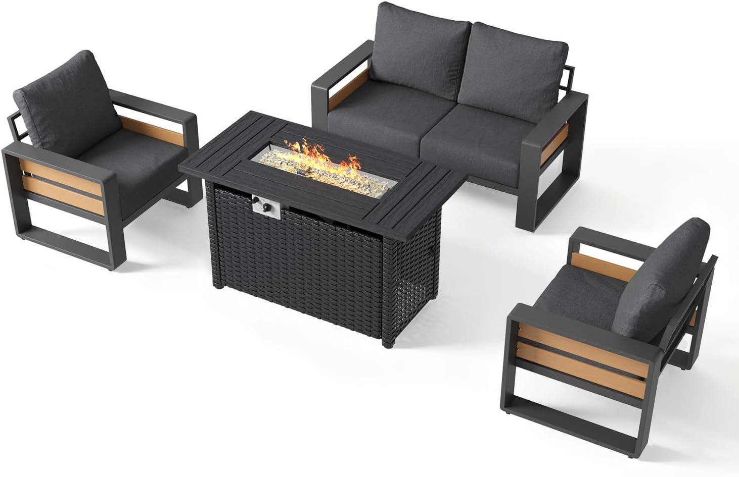 Aoxun Aluminum Patio Furniture Set with Fire Pit Table, 4 Piece Luxury Outdoor Sectional with 6' Olefin Fabric Cushions, Patio Conversation Sets with Waterproof Cover for Backyard, Porch Dark Grey