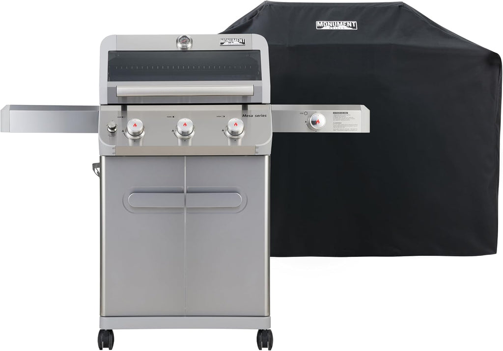Monument Grills Mesa Series, Outdoor Barbecue Stainless Steel 3 Burner Propane Gas Grill, 48,000 BTU Patio Garden Grill with Side Burner and Knob Controls, Mesa305 with BBQ Cover