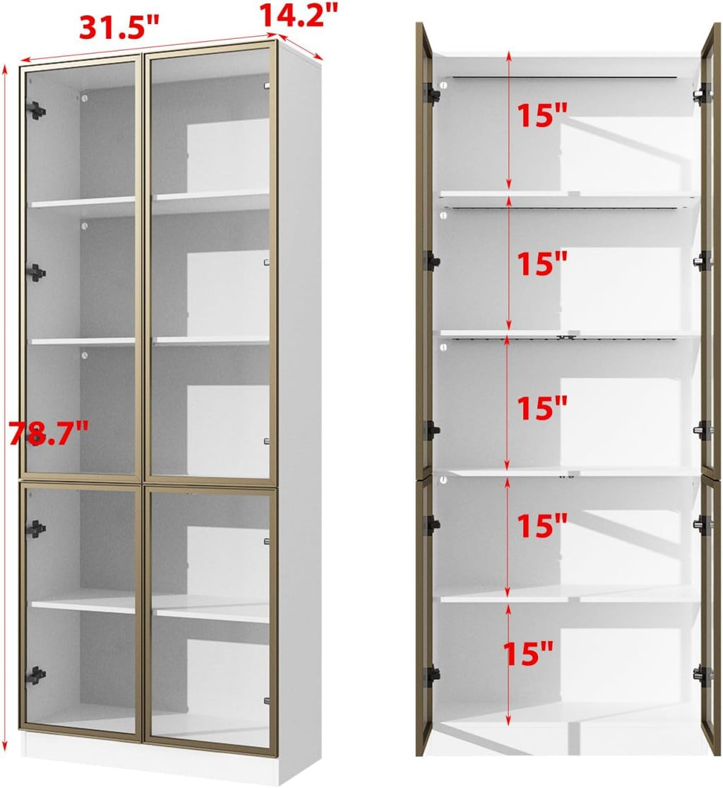 Display Cabinet with 4 Glass Doors and Lights, 5-Tier Shelves & Pop-up Design, Display Cabinet for Collectibles, Display Case White and Champagne Gold (31.5'W x 14.2'D x 78.7'H)