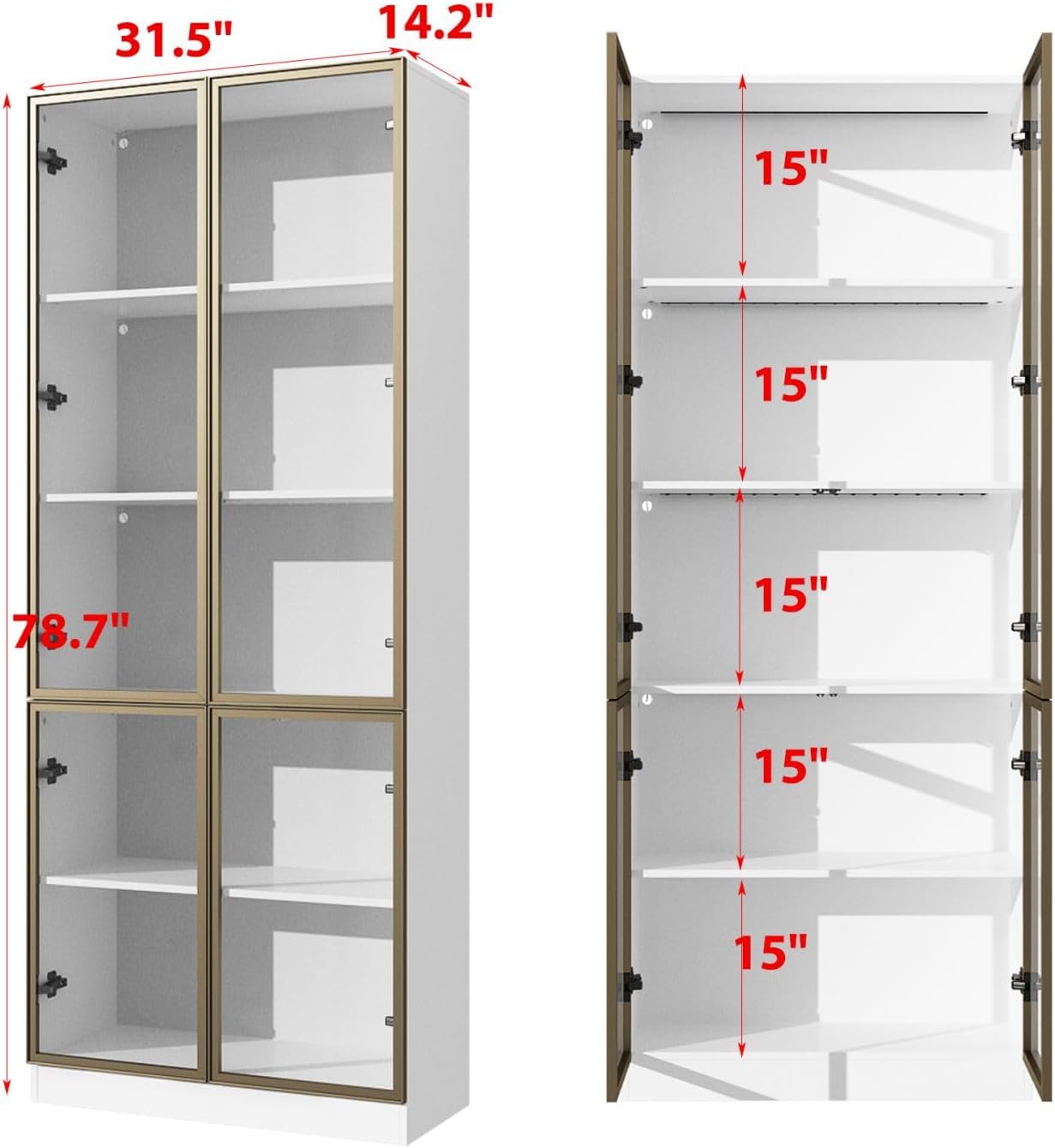 Display Cabinet with 4 Glass Doors and Lights, 5-Tier Shelves & Pop-up Design, Display Cabinet for Collectibles, Display Case White and Champagne Gold (31.5'W x 14.2'D x 78.7'H)