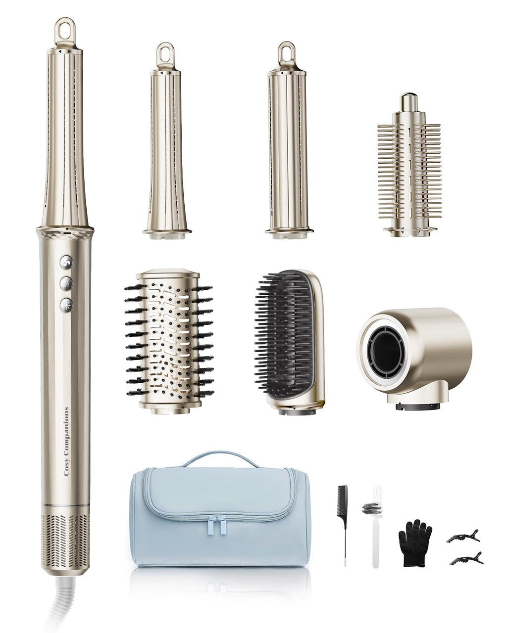 Cosy Companions 6 in-1 Hair Dryer Brush, 150,000 RPM High-Speed Negative Ionic, Blow Dryer Brush for Fast Drying, Hot Air Brush for Curling/Volumizing/Straightening with Travel Bag, Gold