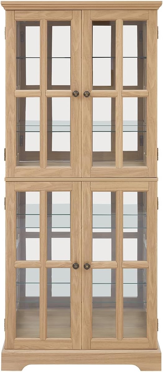 Lighted Glass Curio Cabinet with Lights & Adjustable Shelves,Curio Display Cabinet with Wood Frame & Glass Door,Corner Antique Display Case for Kitchen,Living Room,Office
