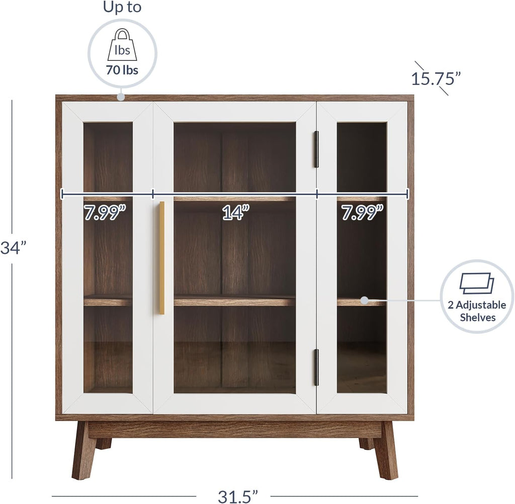BELLEZE 31' Modern Display Curio Cabinet, 3-Tier White Storage Buffet with Tempered Glass Doors & Adjustable Shelves for Dining Room, Kitchen, Living Room & Office - White